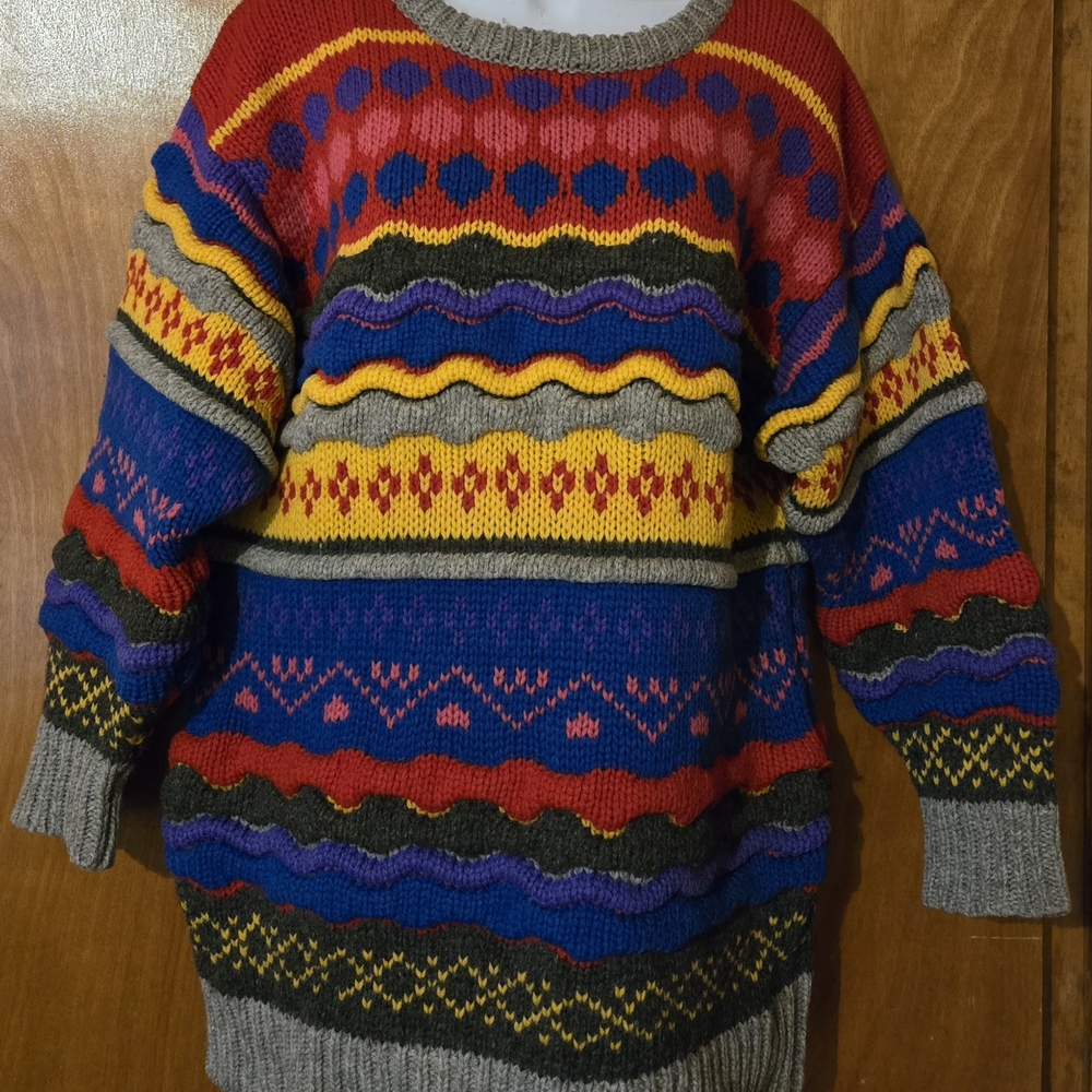 Crescendo Vintage 1990's 100% Wool Hand-Knit Colorful Sweater